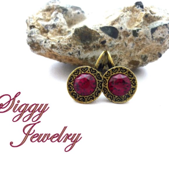 Ruby Earrings made with Genuine Swarovski Crystals, Ornate Heart Decorated Bezel - Picture 5 of 6
